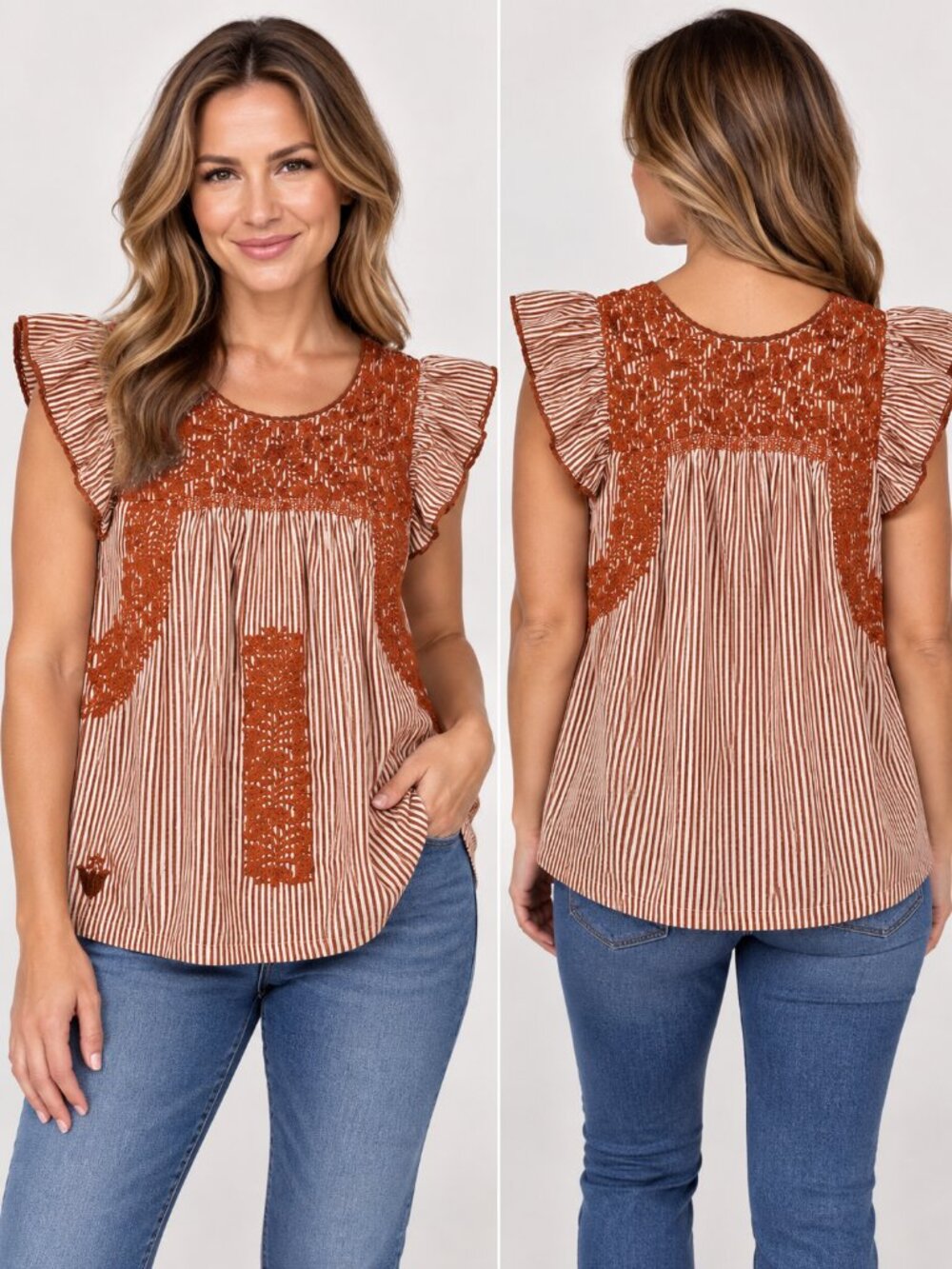 j.Marie Women’s XS Rust Striped Embroidered Flutter Sleeve Top